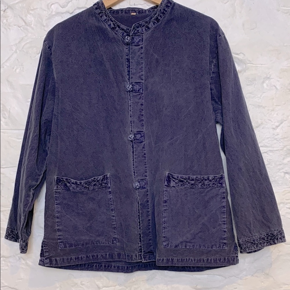 Vintage Chore Shirt with frog style  buttons chambray distressed mandarin collar
